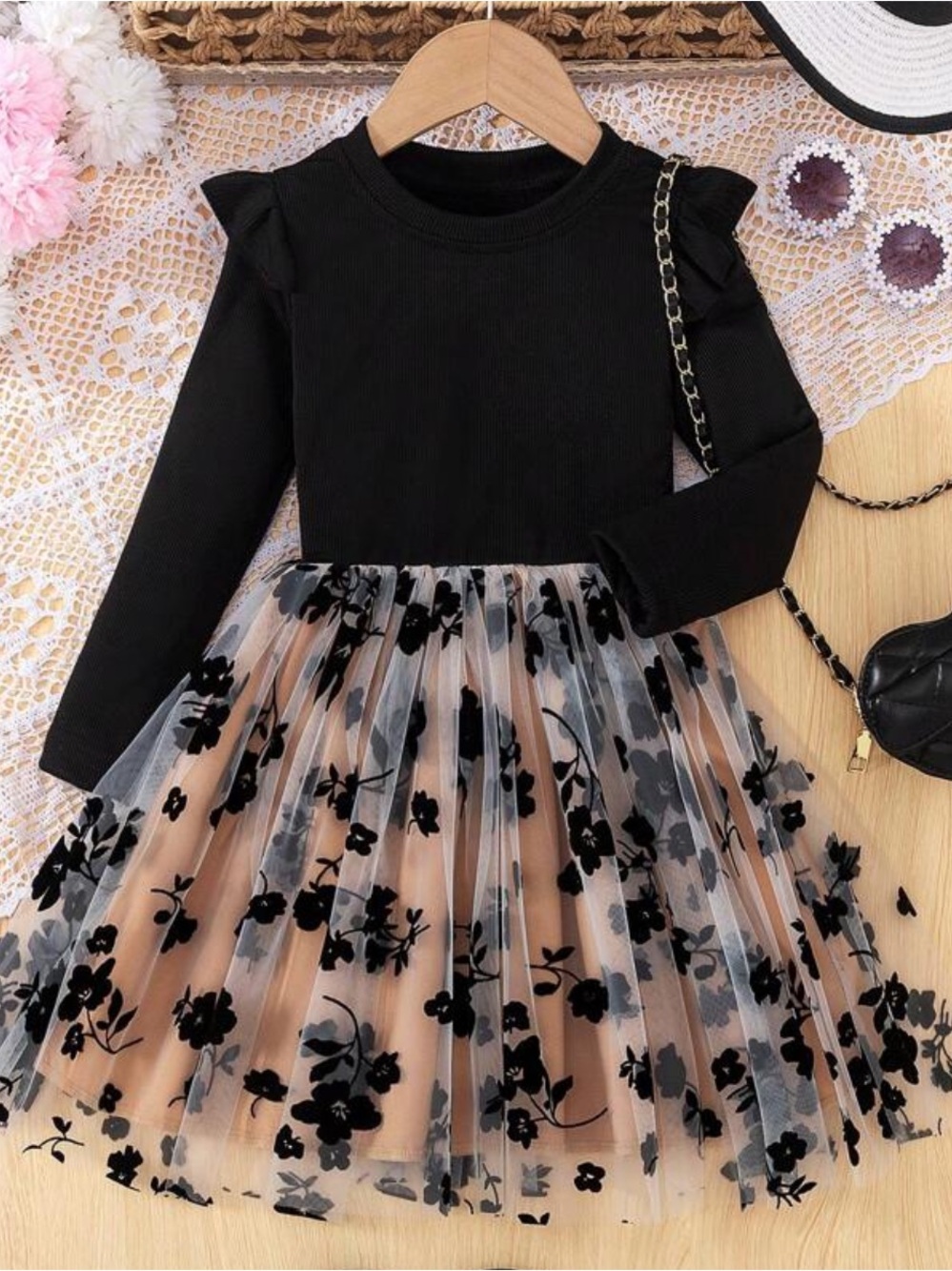 SHEIN Black Top with Beige and Black Floral Tulle Skirt Girls' Formal Dress